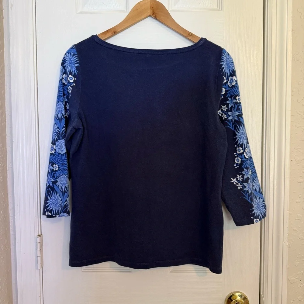 Talbots Floral Blue Three Fourth Cotton Women's Top Large Petite - Picture 5 of 6